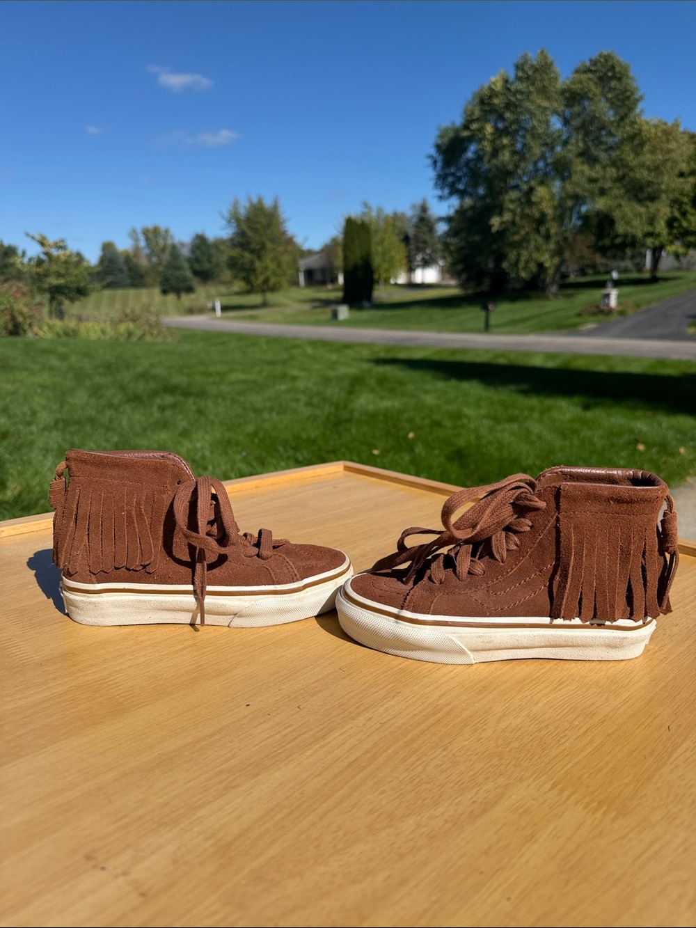 Kids Brown Suede Fringe High-Top Vans Sneakers